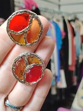 Vintage-Inspired Red & Amber Glass Round Cuff links